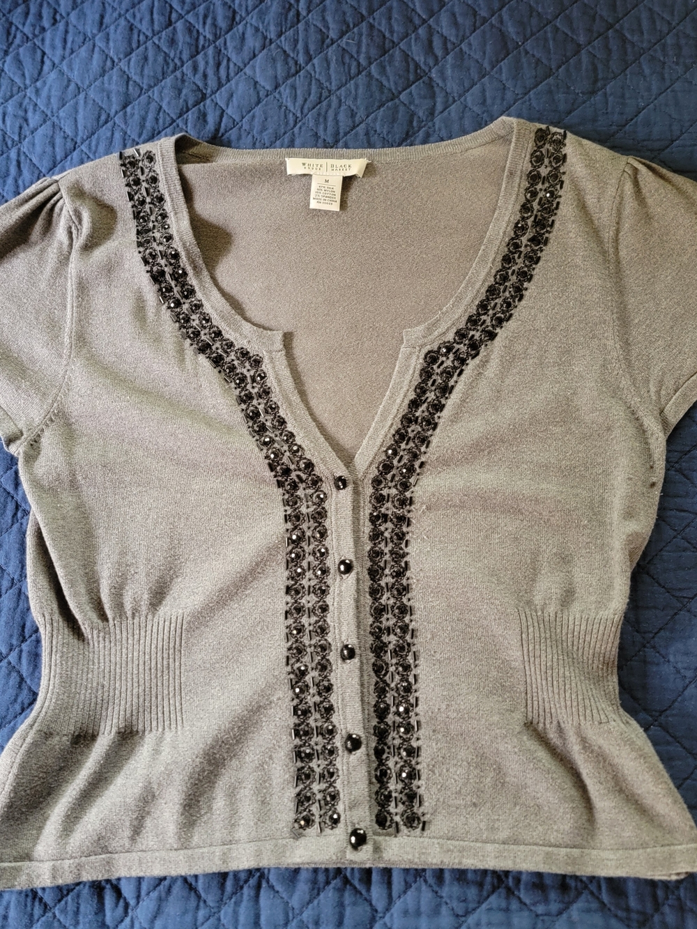White House Black Market Gray Short Sleeve Embellished Cardigan